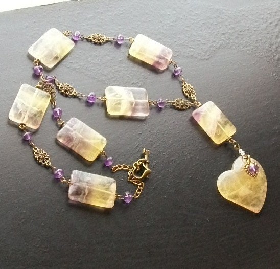 Lemon Drop-Fluorite heart gemstone necklace with amethyst and brass
