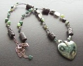 Kambaba jasper heart gemstone necklace with onyx, tourmaline and lava -Starry Starry Night-Dark Green, Black, Light Green