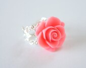 Pink Resin Rose Flower Silver Metal Adjustable Ring, Vintage Inspired