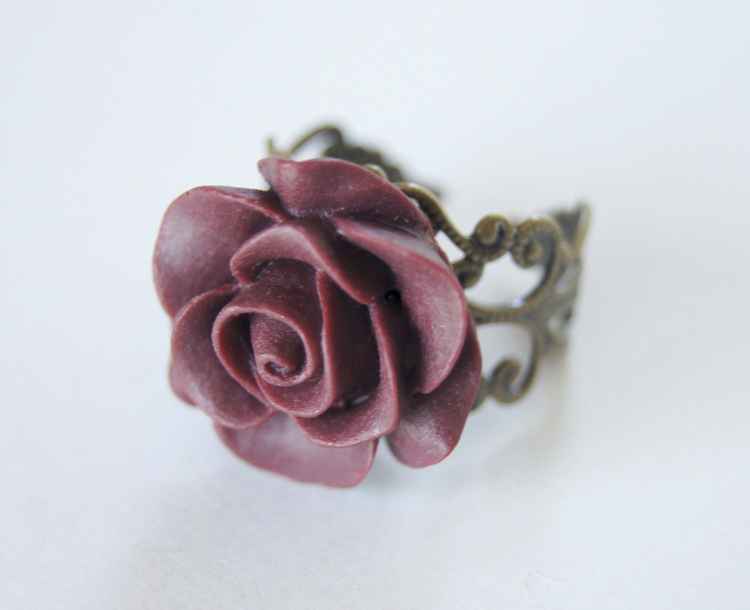 Burgundy Resin Rose Flower Vintage Bronze Adjustable Ring, Vintage Inspired, Charming