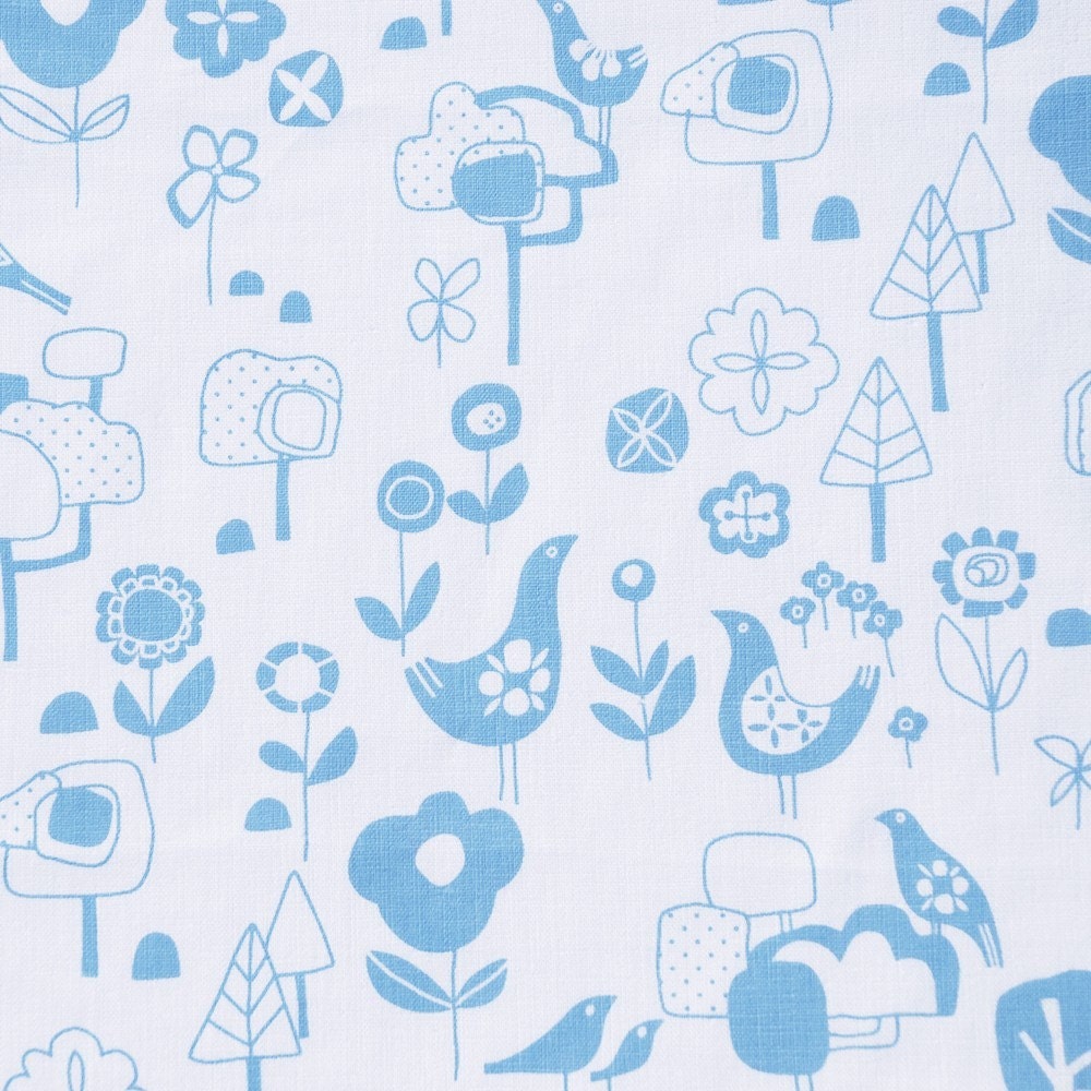 SALE - Spring Birds screen-printed fabric panel (sky blue on white)