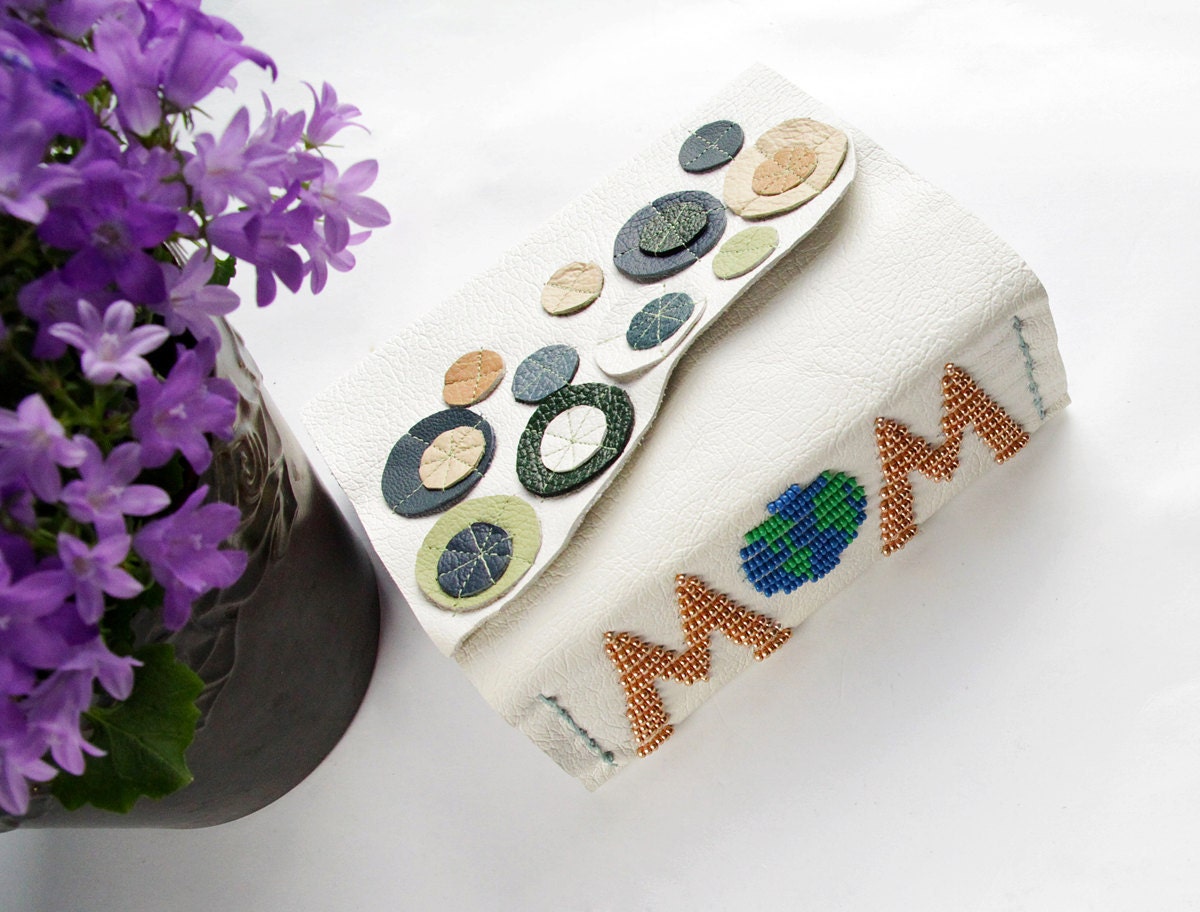 Beaded leather Journal, MOM world globe white Diary, blank book Sketchbook