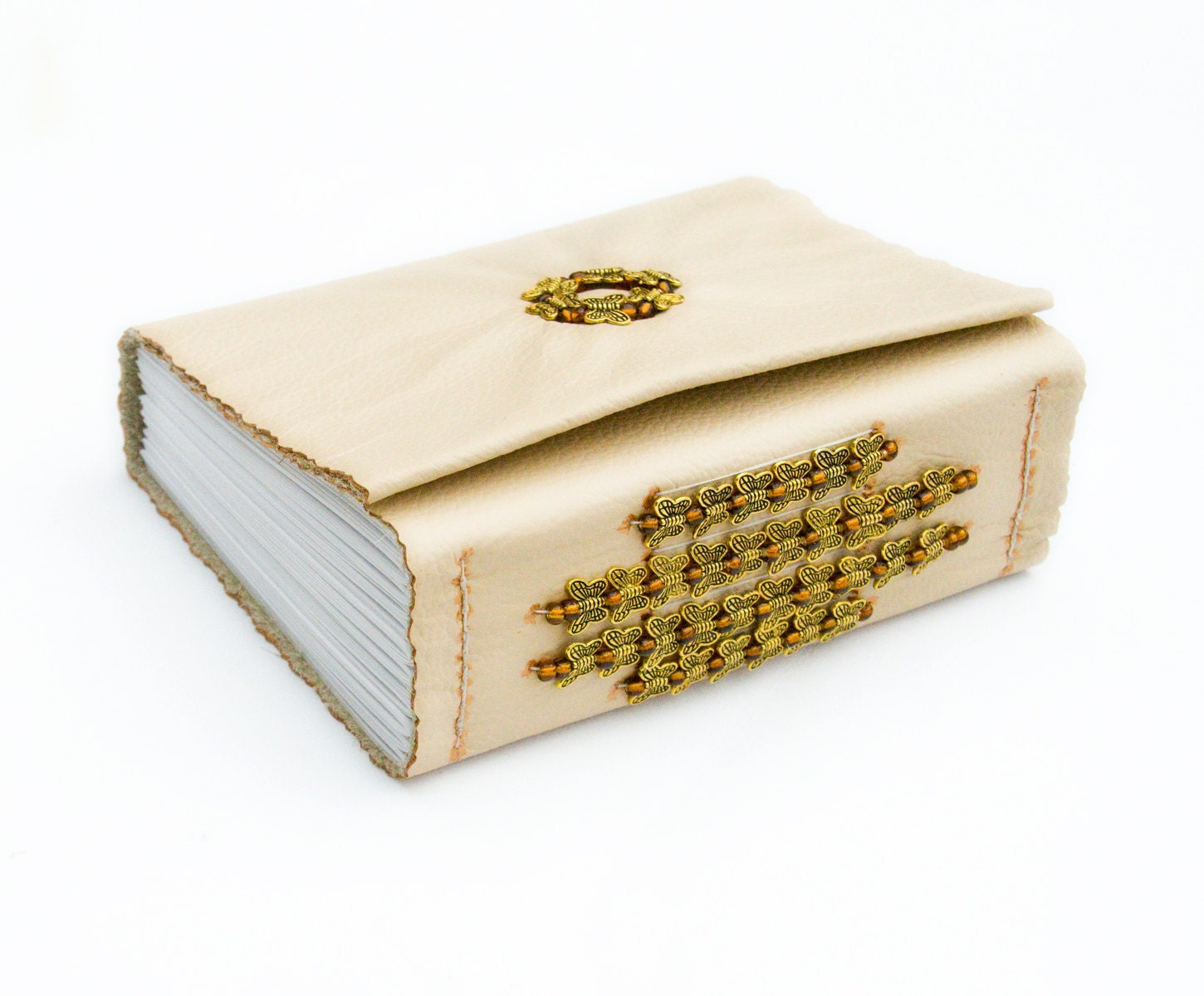 Beige leather Journal, beaded butterfly Sketchbook