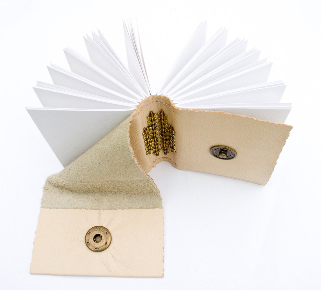 Beige leather Journal, beaded butterfly Sketchbook