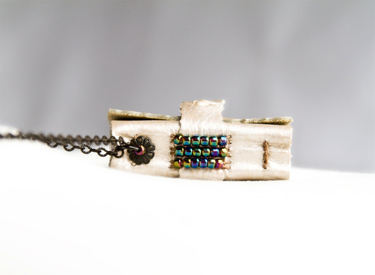 Back To School Necklace mini book, miniature leather journal, beaded metallic gloss rainbow charm