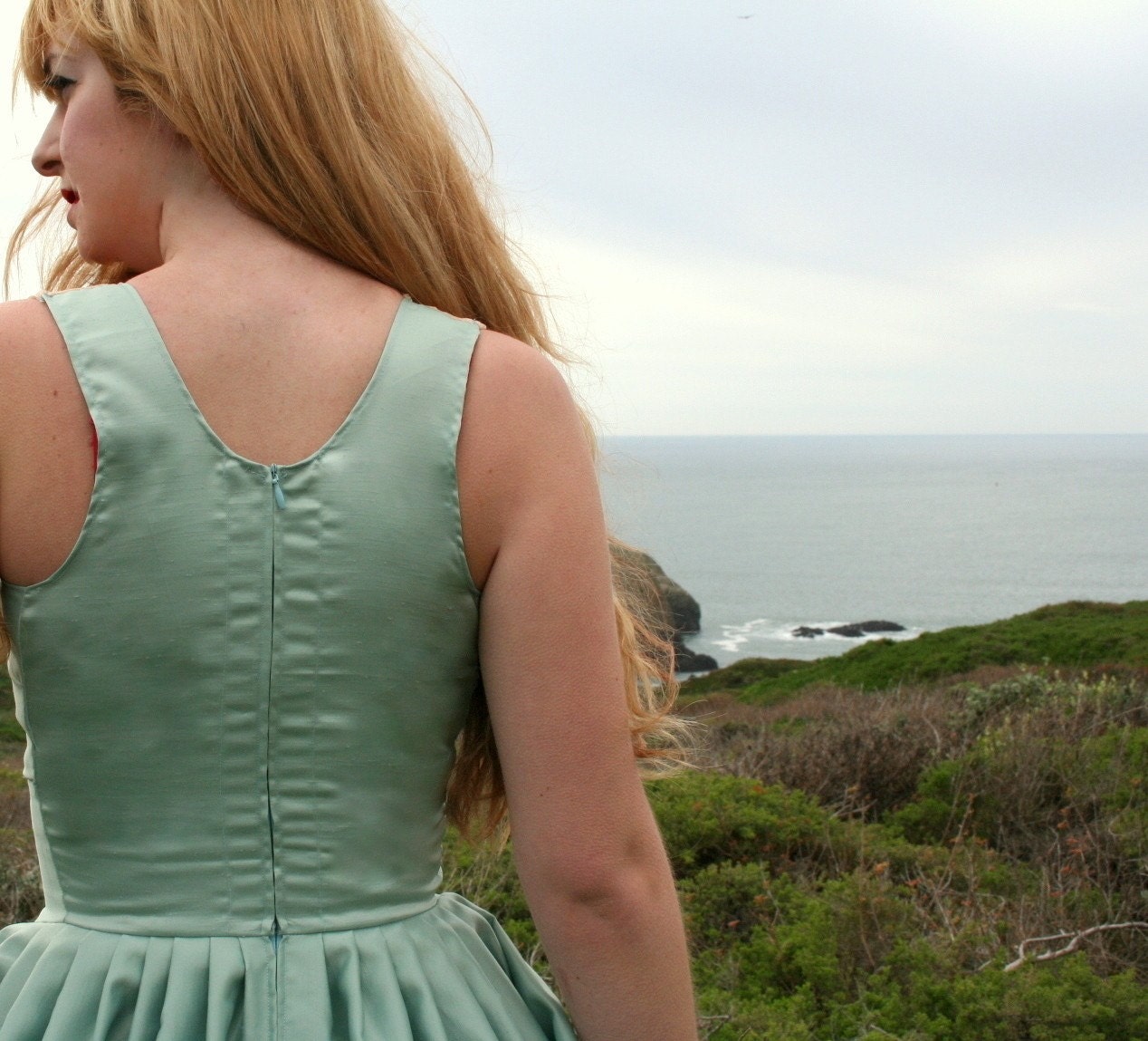 To The Sea Dress 50s Vintage Inspired Custom Sundress in Ocean Green Silk and Ecru Lace Any Size Color and Length