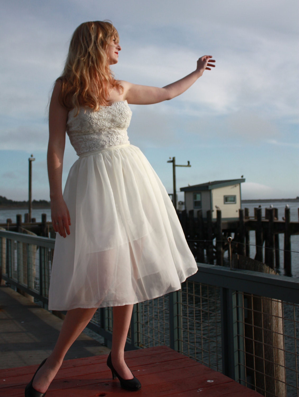 Silk Chiffon and Lace Short Strapless Wedding Dress with Detachable Second Skirt