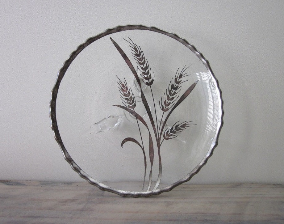 Footed Glass Plate with Silver Wheat Design