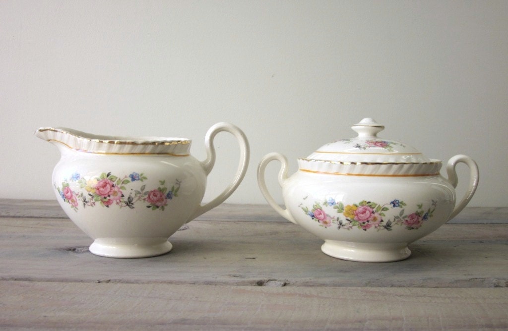 Shabby Chic China Creamer and Sugar Set