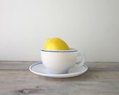 Milk Glass Tea Cup and Saucer with Blue Stripe Trim