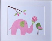 Kids Wall Art, Baby Room Art Decor, Nursery Decor, Children's Room Decor, Pink, Green, Bird, Elephant, The Gift - Pink, 8x10 Print
