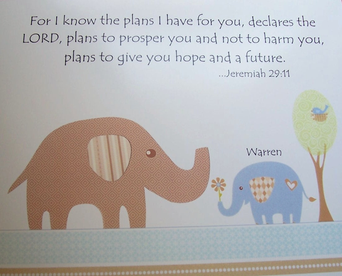 Baptism Gift, Nursery Art,  Baby Boy, Christian Nursery, Children's Room, Elephant, Blue, For I Know the Plans I Have For You, 8x 10 Print