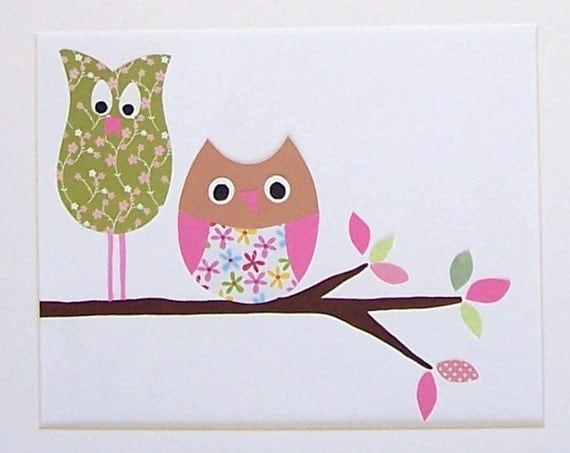 Nursery Art Print, Baby Girl Art, Nursery Decor, Kids Wall Art, Owls, Brooke, Best Friends, 8x10 Art Print