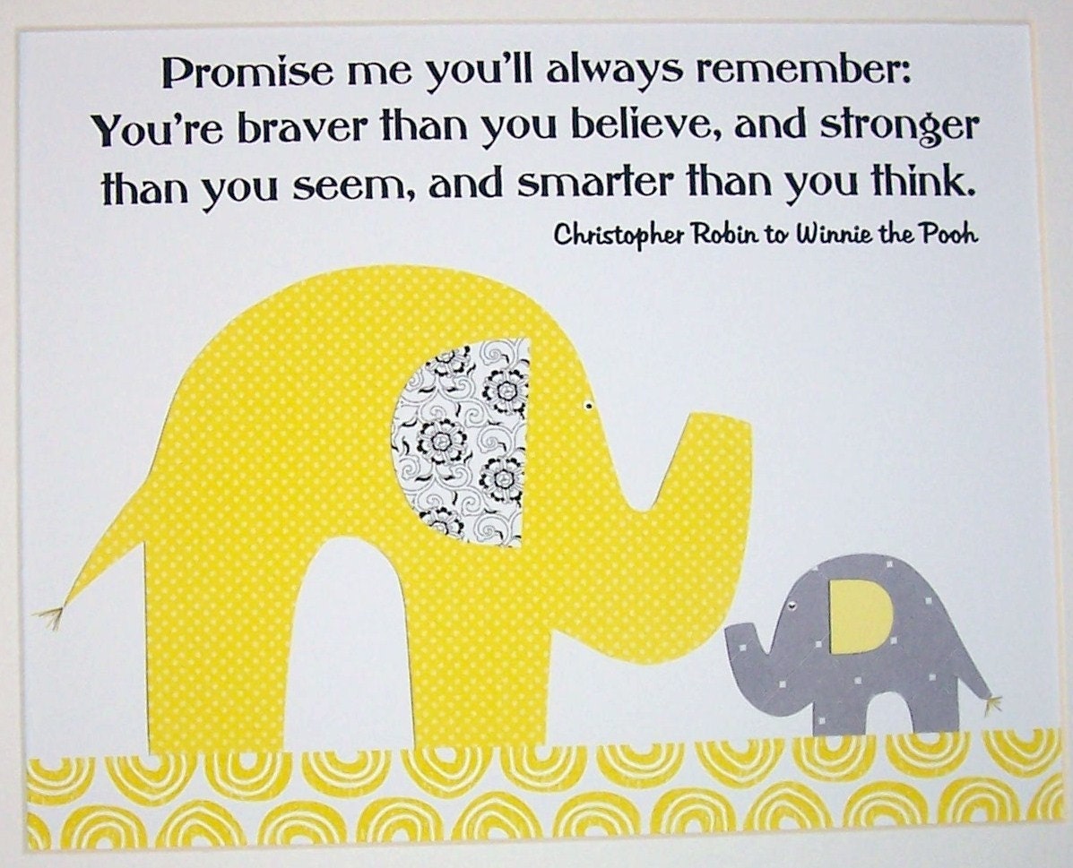 Nursery Wall Art, Children's Gift, Kids Wall Art, Nursery Art, Elephant, Grey and Yellow, Promise Me You'll Always Remember, 8x10 Print