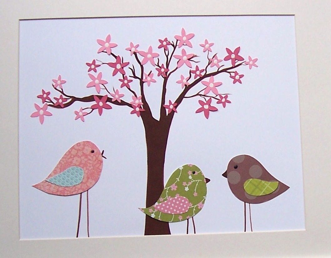 Kids Wall Art,  Baby Girl Room Art, Nursery Decor, Birds, Cherry Blossom Tree, Mama and Her Little Ones, 8x10 Print