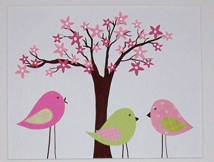 Girl Nursery Art, Kids Room Decor, Kids Wall Art, Birds, Cherry Blossom Tree, Pink, Green, Mama and Her Little Ones - Bright, 8x10 Print