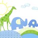 Kids Wall Art, Children's Room Decor, Nursery Decor, Little Boys Art, Giraffe, Elephant, Green, Blue, March of the Zoo Animals, 8x10 Print