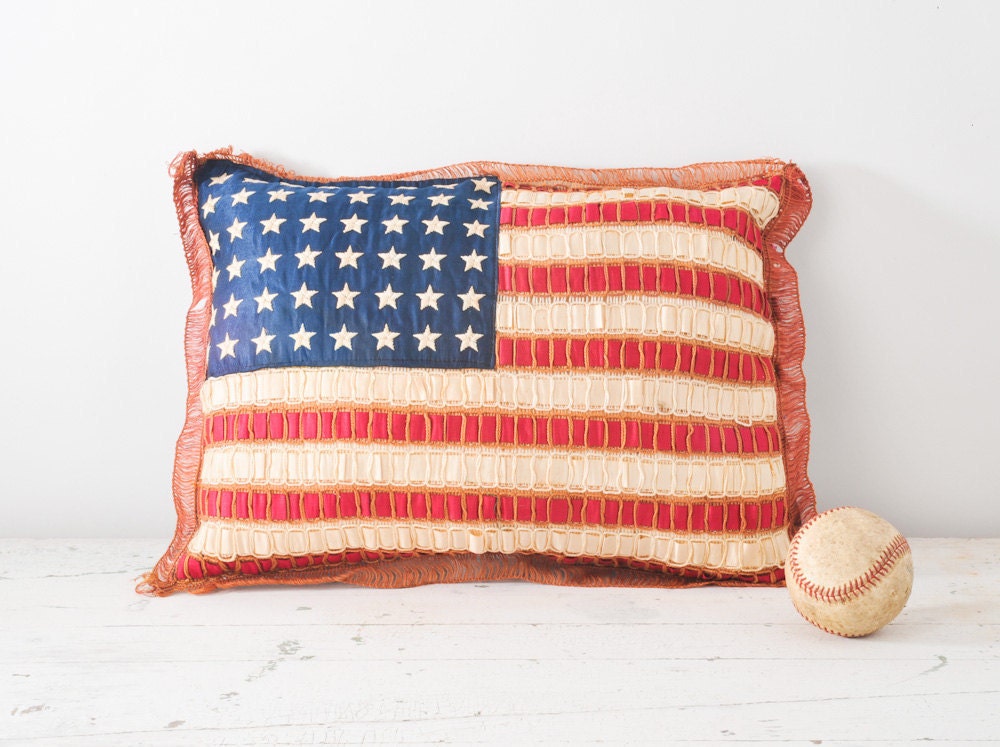 1920's Silk Ribbon American Flag Pillow - Folk Art Hand Embroidered 48 Stars