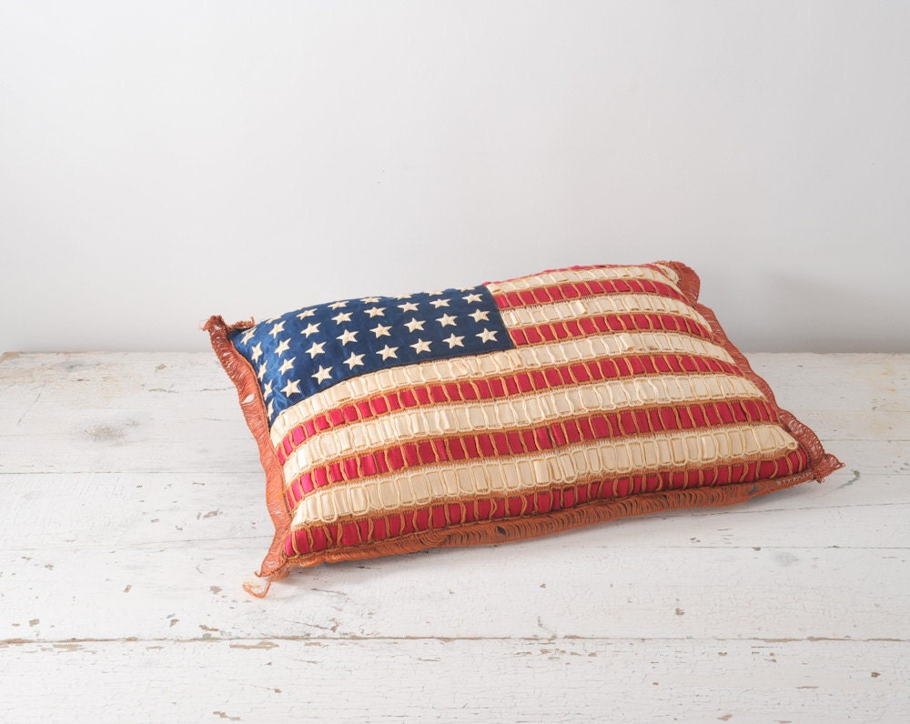 1920's Silk Ribbon American Flag Pillow - Folk Art Hand Embroidered 48 Stars