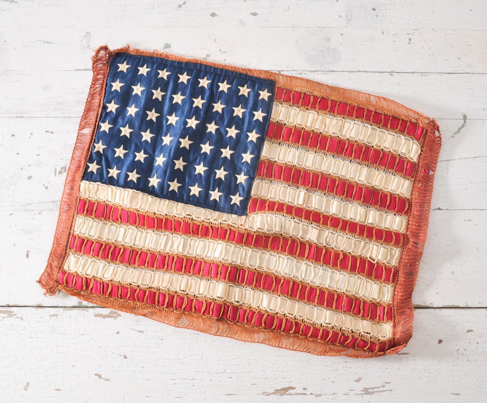 1920's Silk Ribbon American Flag Pillow - Folk Art Hand Embroidered 48 Stars