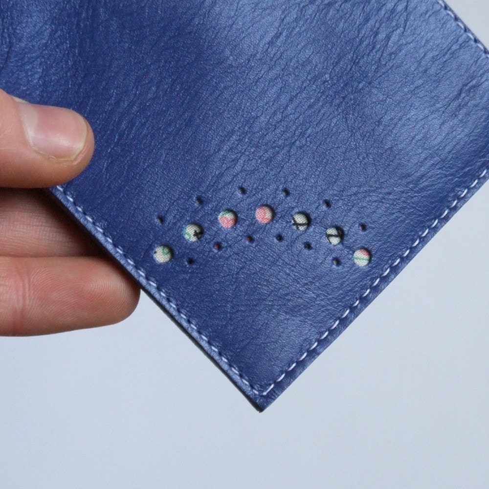 Blue leather wallet with space for cards, coins and notes