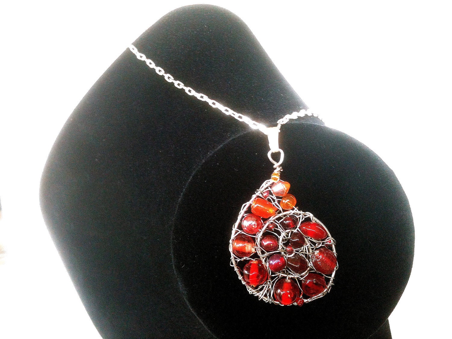 Red to Orange ombre color gradation spiral wire wrap pendant on 24" necklace - inspired by ammonite & nautilus by roots and wings designs