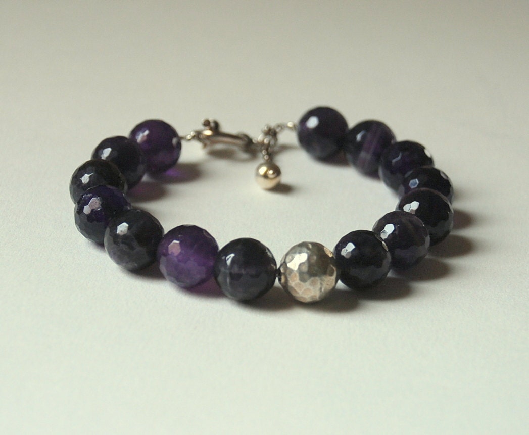 Amethyst Gemstone Sterling Silver Round Silver Claps Bracelet
