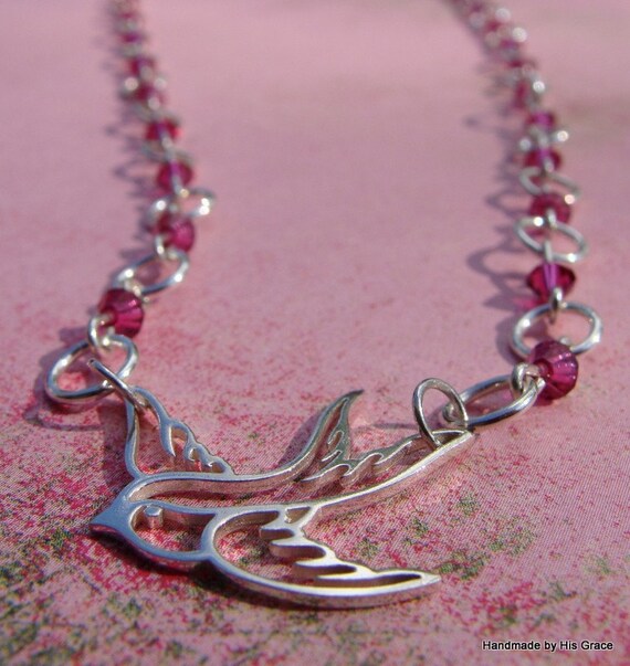 Sterling Silver Sparrow Fuchsia Swarovski Crystal Necklace