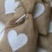 Burlap Gift Bags, White Heart, Shabby Chic Wedding, Valentines Day, White and Natural, Set of Four.