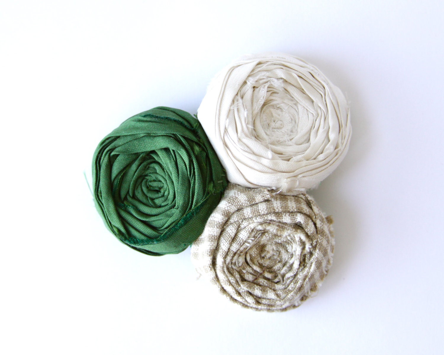 SALE Rosette Hair Clip Rustic Woodland Chic Green, Ivory and Tan Gingham Rosette Flower Trio hair clip