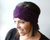 Rosette Stretch Lace Headband Wide Rich Purple Chic Stretch Lace Wide Stretch Lace Headband 6.5 inch Pretty Amethyst Indie Boho