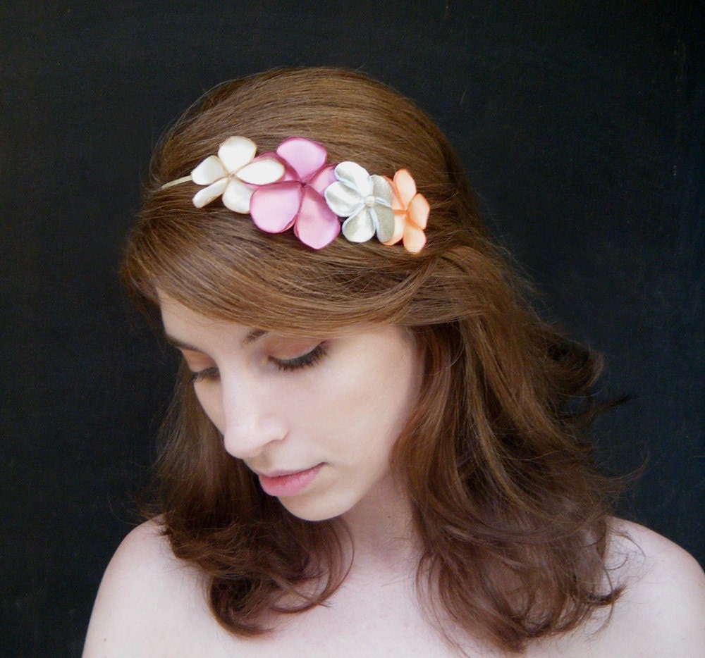 Flower Headband in pastel spring colors,romantic vintage style floral hair accessory , pink ivory head piece for women