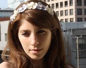 SALE Floral crown head piece, Bridal hair accessory,  headband satin flowers and pearl beads, in ivory and silver shades.