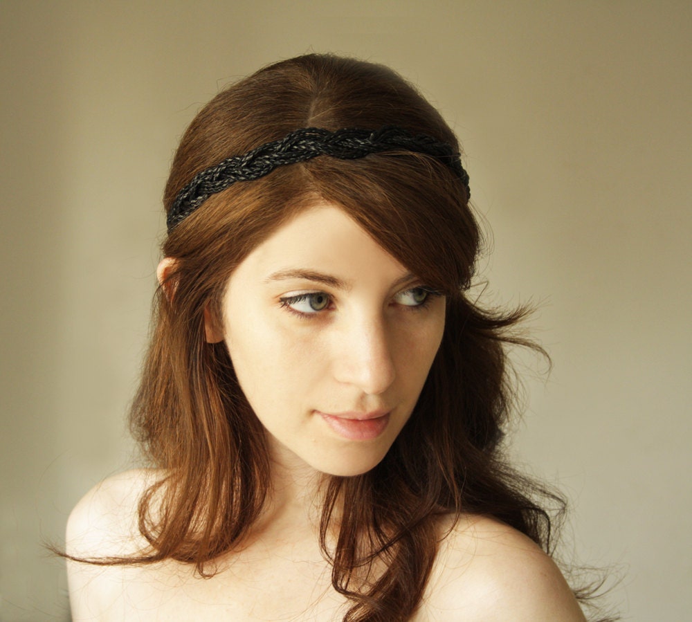 Black braided Headband, Leather Braided Hair Accessory,  Grecian head wreath, Halo necklace with a black satin bow