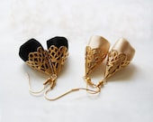Ethnic Gold Filigree Earrings - Gold dangle earrings, Gold and black earrings, Ethnic earrings, Arabesque and Satin Earrings