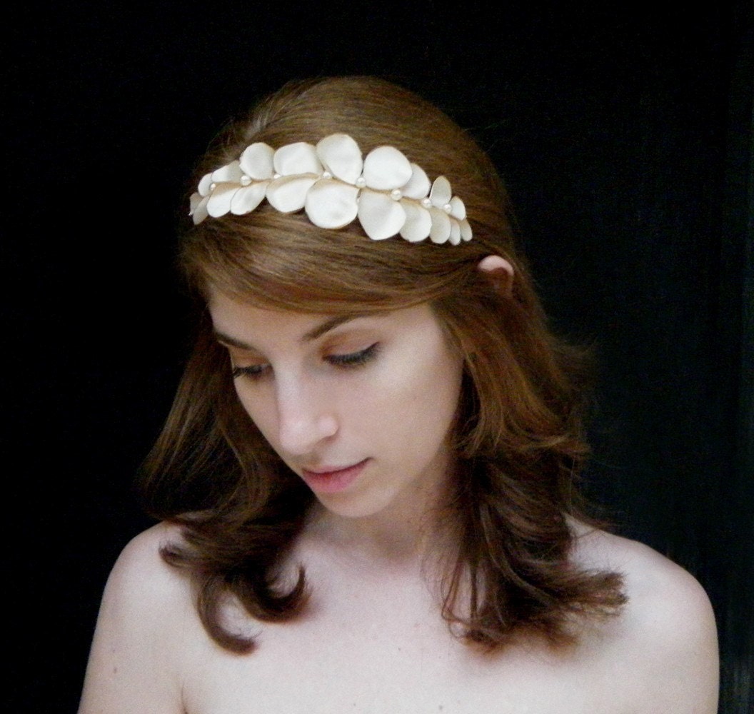 Troy - bridal hair accessory, Grecian wedding tiara, Ivory leaves headband made of satin leaves and pearl beads