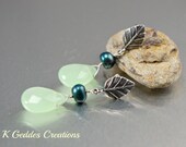 Green Jade Quartz Post Earrings Peacock Freshwater Pearl Bali Sterling Silver Leaf Earrings Gemstone Dangle Earrings