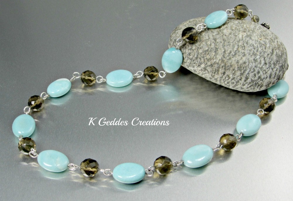 Amazonite Smoky Quartz Necklace Sterling Silver Handmade Wire Wrapped Gemstone Blue Brown Necklace Smokey