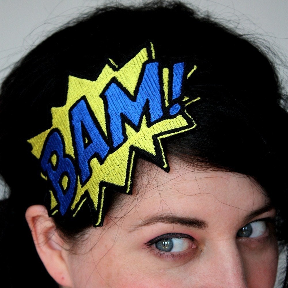 Bam comic headband yellow and blue embroidered headpiece