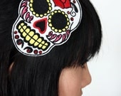 Sugar skull headband Dia de los muertos, in white with red rhinestones