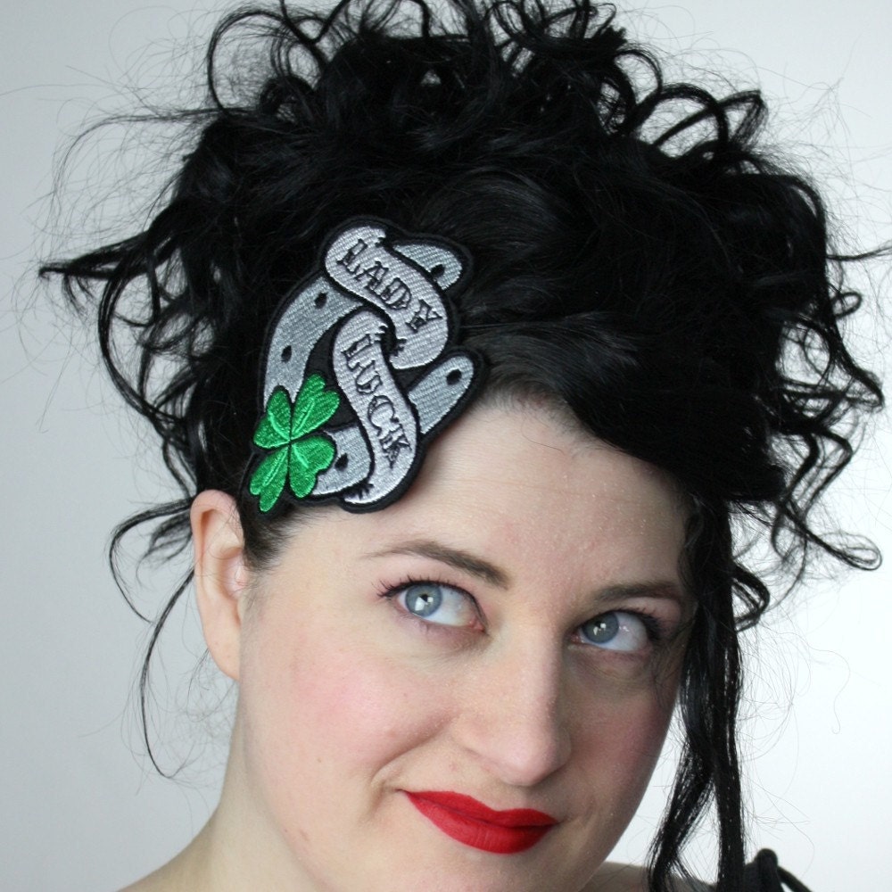 Tattoo inspired headband Lady Luck horseshoe and four leaf clover