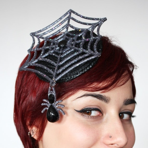 Halloween Hat, Spiders Cobweb Fascinator, Glittery Cobweb & Hanging Spider