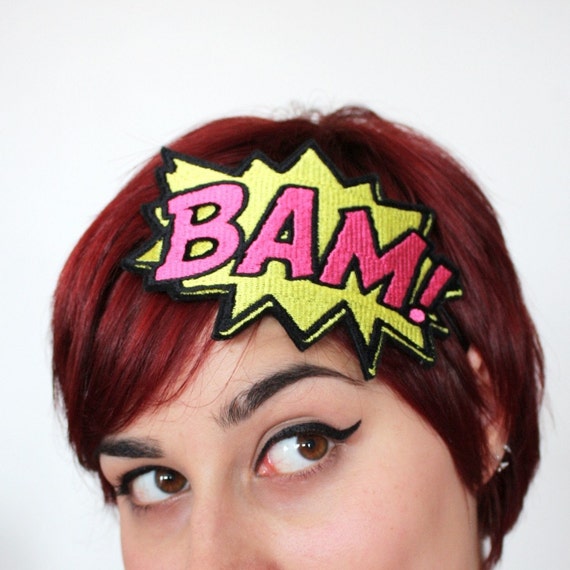 Headband, Comic BAM, Onomatopoeia Headband, Yellow and Hot Pink