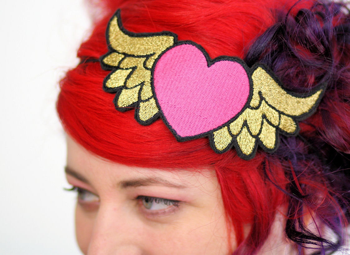 Winged Heart Headband, Pink Heart Gold Wings