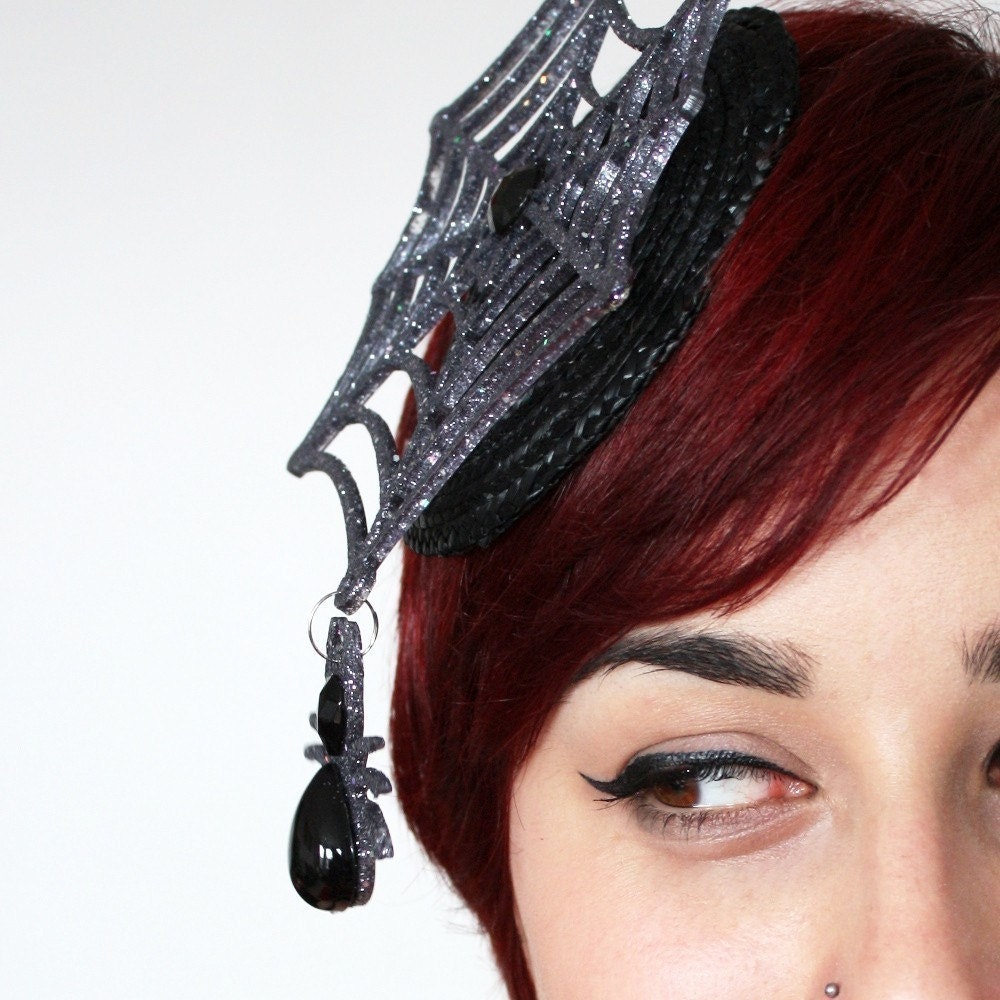 Halloween Hat, Spiders Cobweb Fascinator, Glittery Cobweb & Hanging Spider