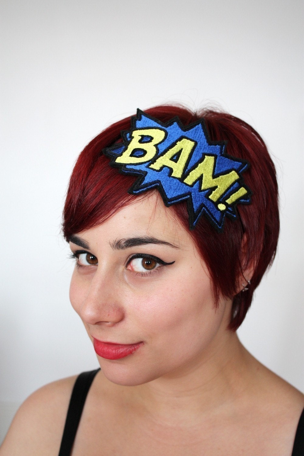 Bam comic headband blue and yellow embroidered