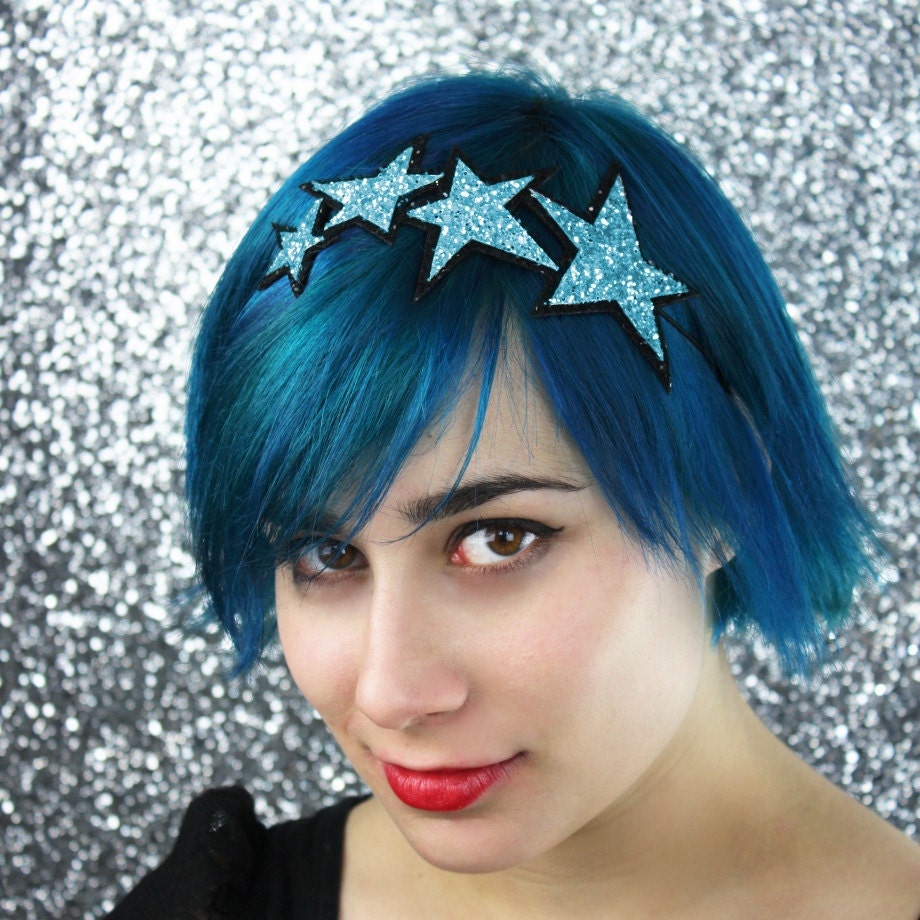 Blue Stars Headband, Glitter, Aqua Blue & Black