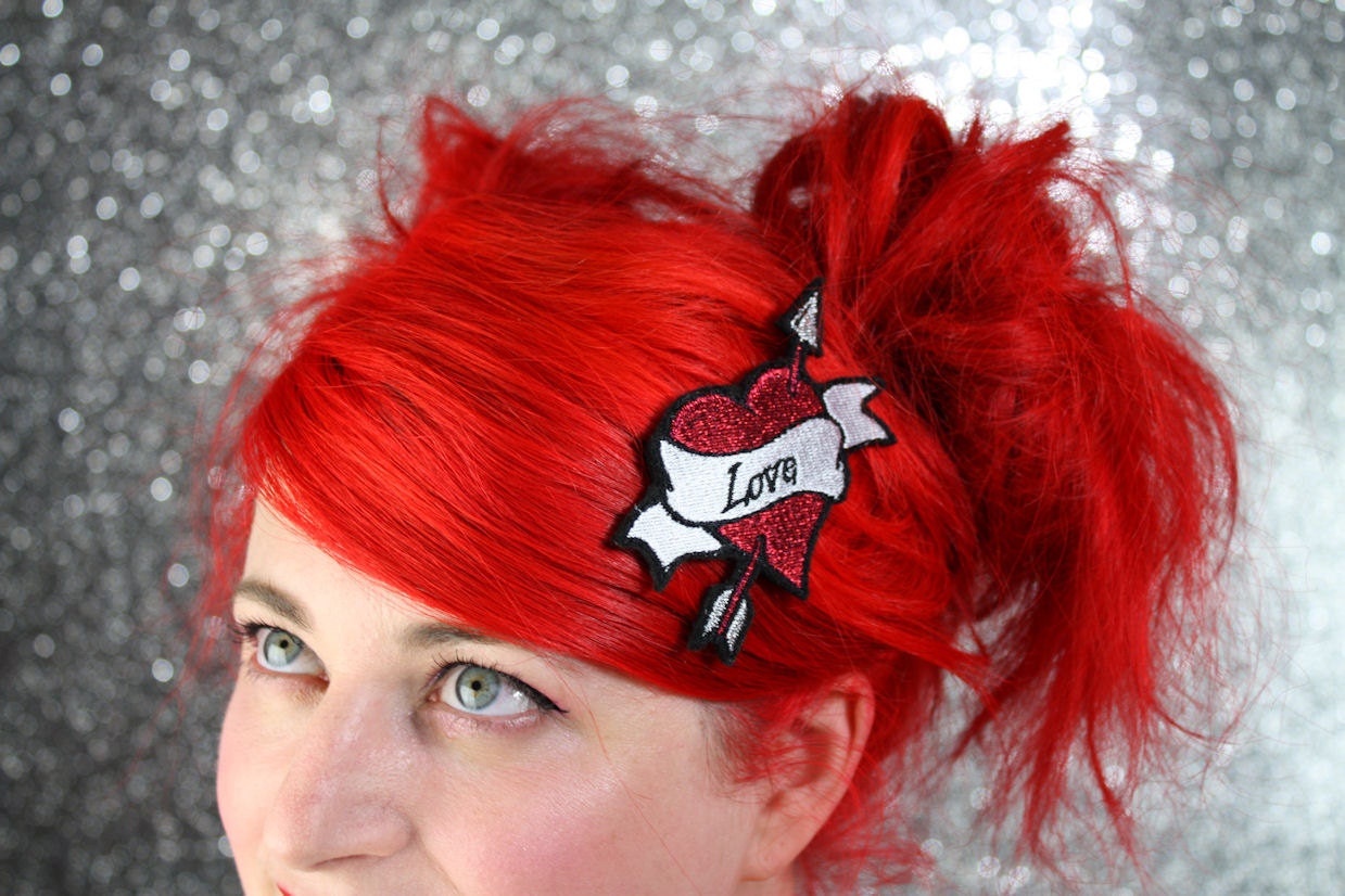 Love Heart Hair Clip, Cupid Heart, Arrow and Banner Tattoo Style Hairclip