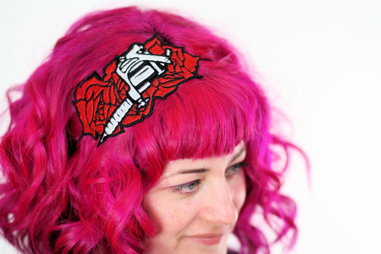 Tattoo Machine Headband, Tattooist Hairband, Red Roses and White Tattoo machine