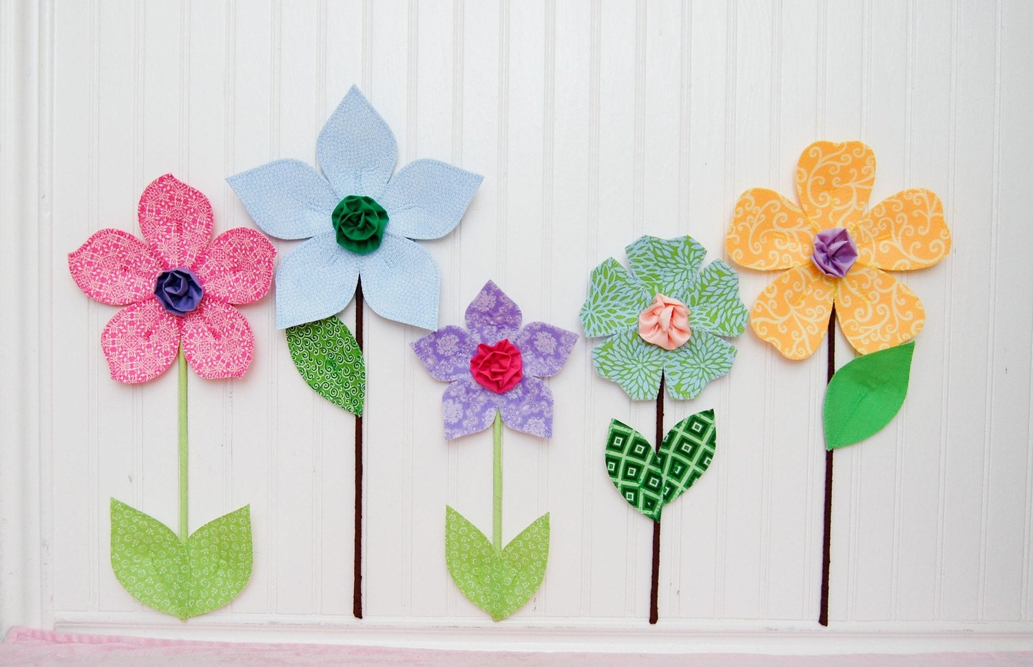 custom flower garden. fabric wall flowers. 3d wall decor for girl's room.  fabric flowers. spring garden. fabric wall decal